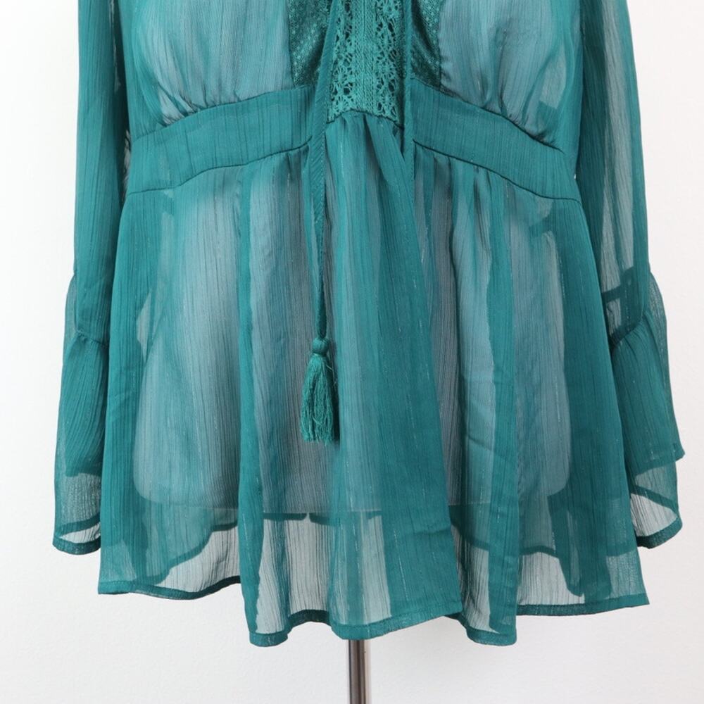 Torrid Size 0 L Babydoll Chiffon Blouse Bell Sleeve Lace-Up Green - Picture 10 of 12
